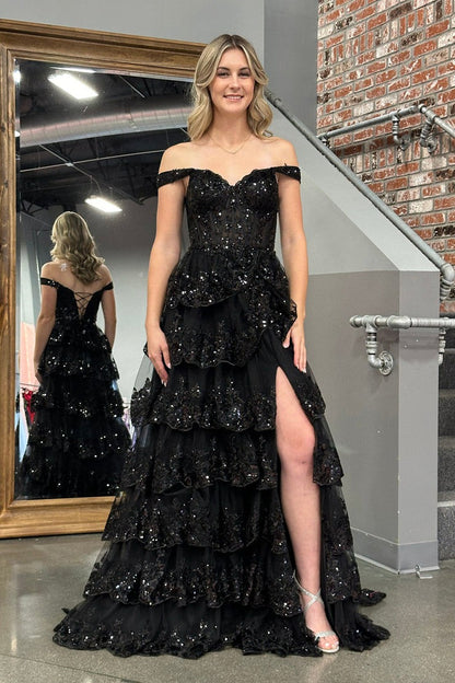 Black Tulle Off the Shoulder Ruffle Tiered Long Prom Dresses