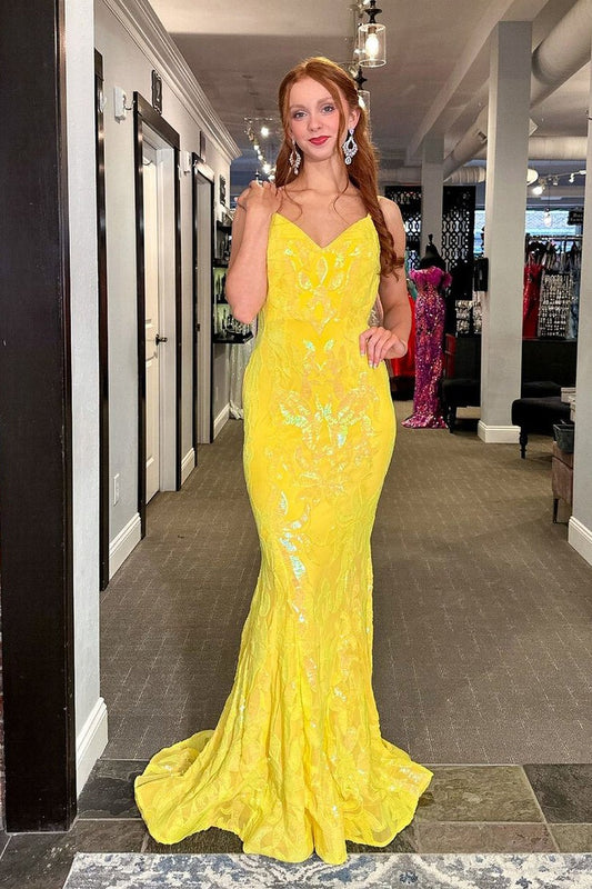 Yellow Sequins Lace Cute V Neck Mermaid Long Prom Dress