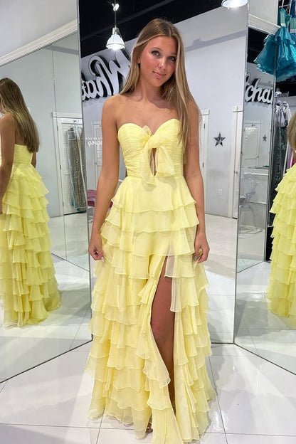 Yellow Tiered A Line Sweetheart Keyhole Prom Dress with Slit