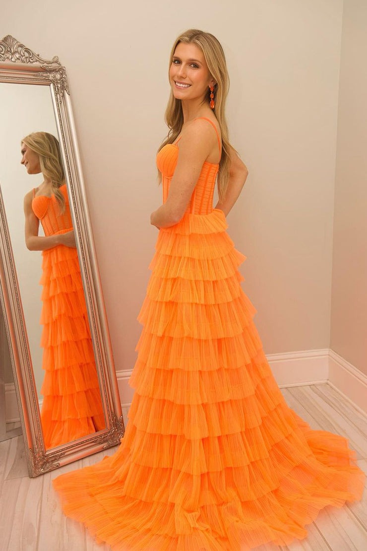 Orange Ruffle Tiered A-Line Sweetheart Tulle Long Prom Dresses