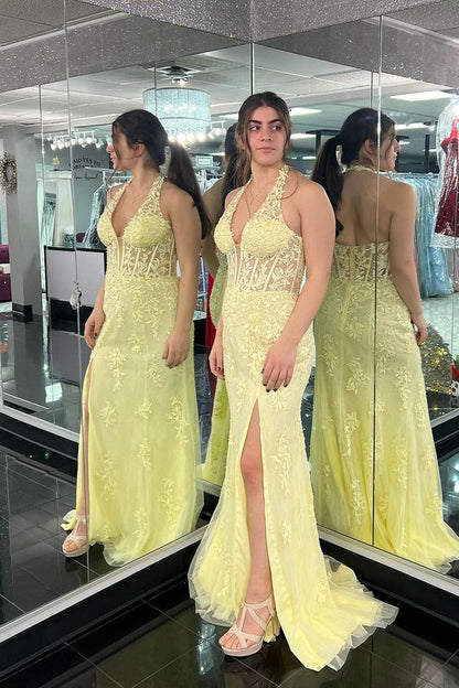 Yellow Halter Mermaid Tulle Appliques Long Prom Dress, PD25696