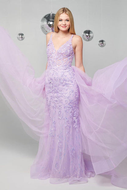 Lilac V Neck Tulle Mermaid Long Prom Dresses with Appliques