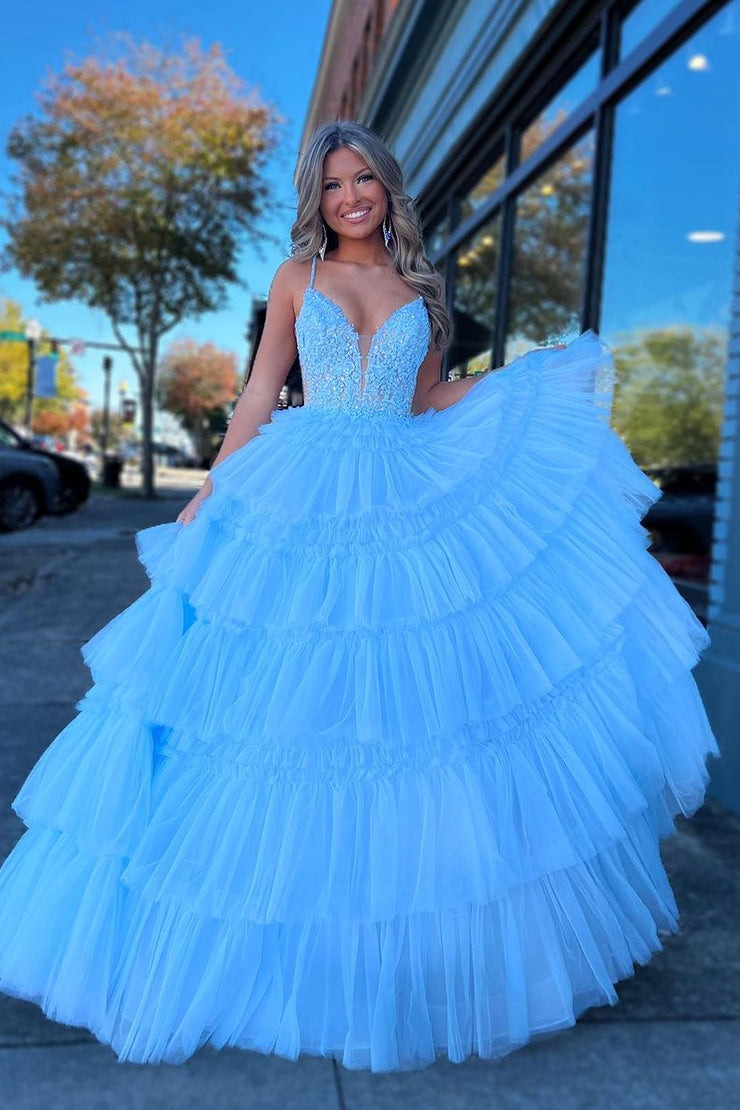 Light Blue Tulle Ruffle Tiered V Neck Long Prom Dresses with Appliques