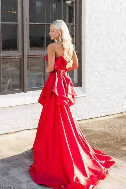 Red Strapless Mermaid Satin Long Prom Dress with Bowknot, PD25815