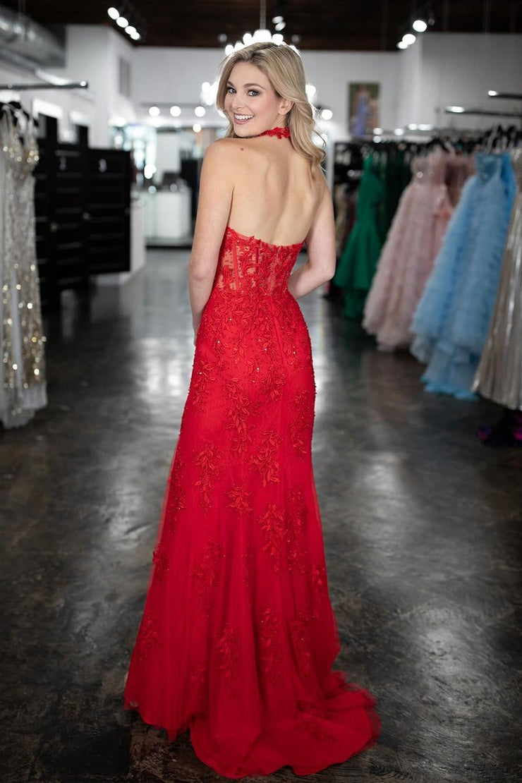 Red Lace Mermaid Halter Long Prom Dress with Slit