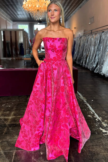 Fuchsia Jacquard Satin A Line Strapless Gorgeous Prom Dress with Pockets