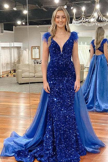 Sparkly Royal Blue Mermaid Cut Out Sequins Prom Dress with Feathers