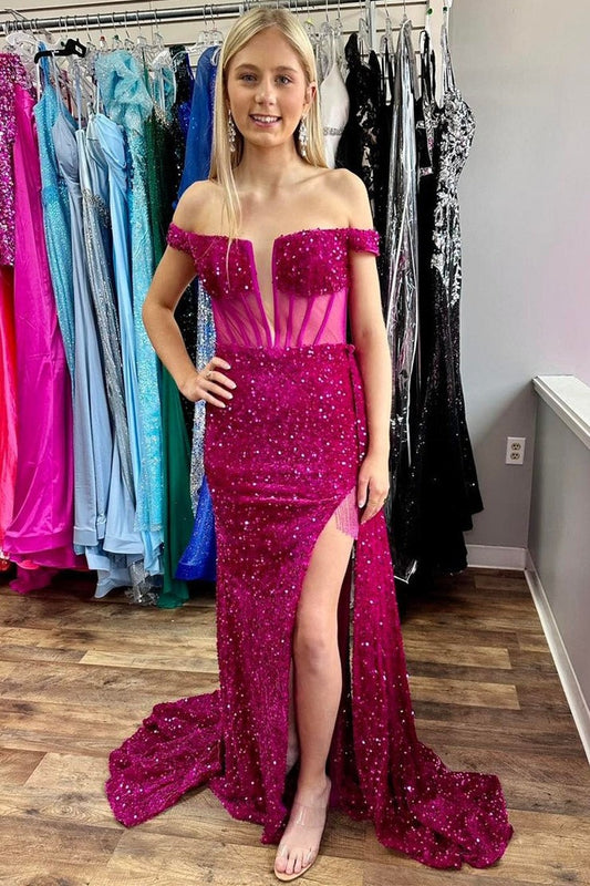 Magenta Off-the-Shoulder Mesh Sequin Long Prom Dress with Slit, PD25686