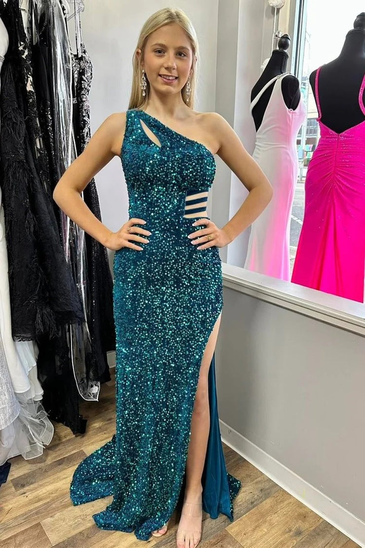 Turquoise One - Shoulder Sequin Keyhole Long Prom Dress with Slit, PD25656