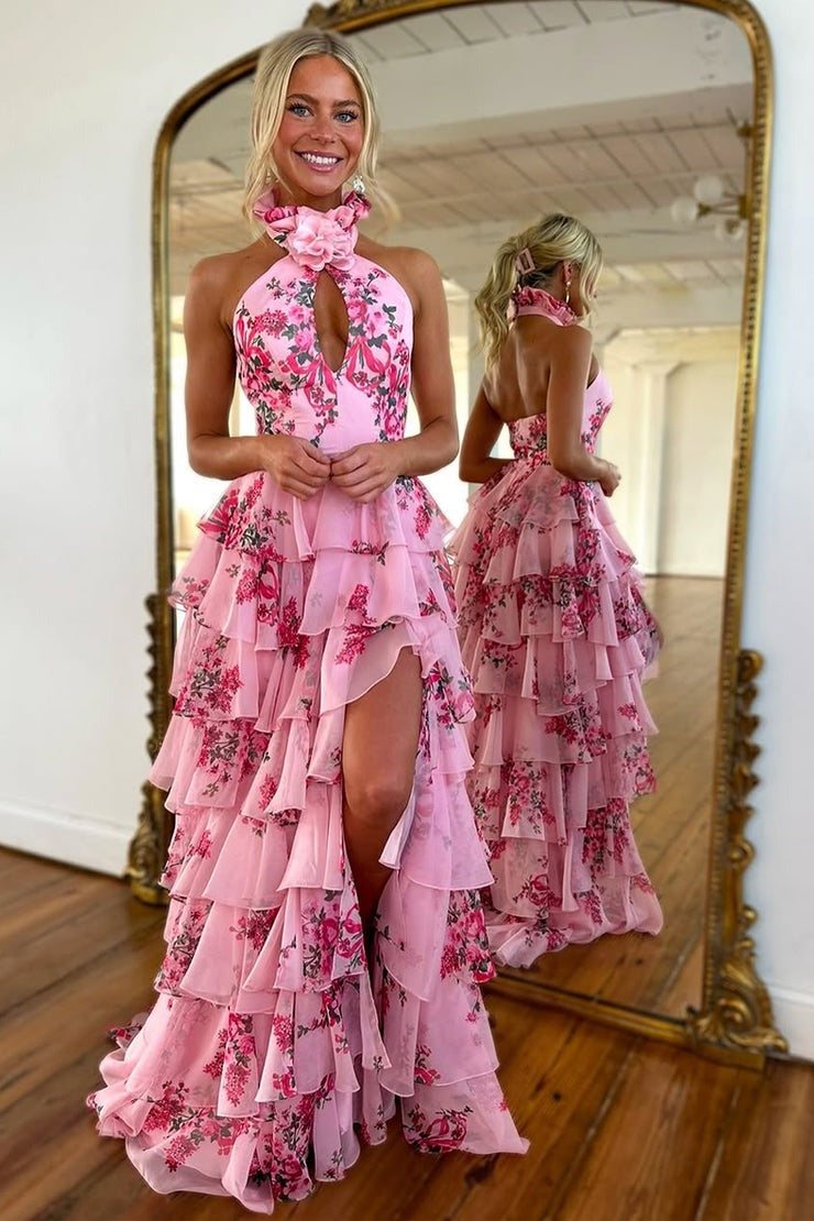 Floral Printed Elegant Halter Chiffon Tiered Prom Dress with Slit, PD25447