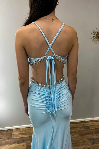Light Blue V-Neck Mermaid Rhinestone Cutout Long Formal Dress, PD25726