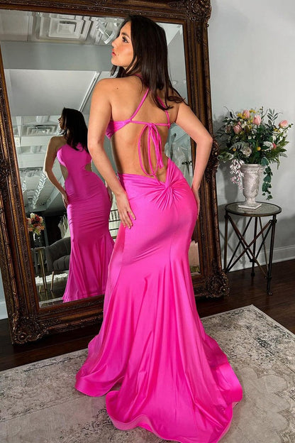 Fuchsia Mermaid Halter Satin Cutout Long Prom Dresses