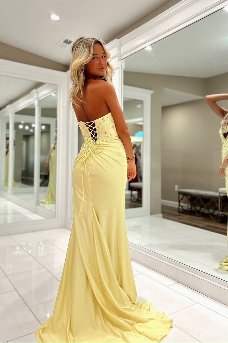 Yellow Satin Beading Cute Mermaid Keyhole Prom Dress with Slit