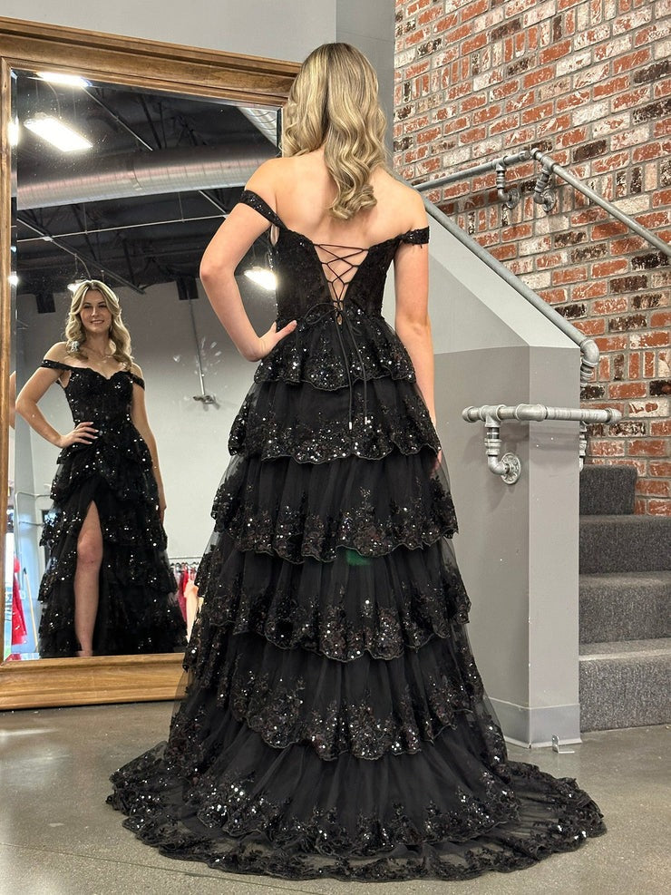 Black Tulle Off the Shoulder Ruffle Tiered Long Prom Dresses