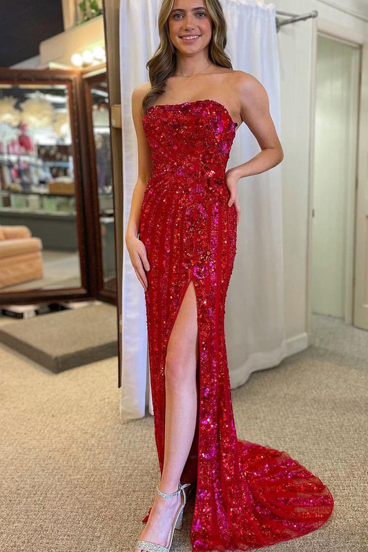 Red Sequins Strapless Mermaid Long Prom Dress with Slit