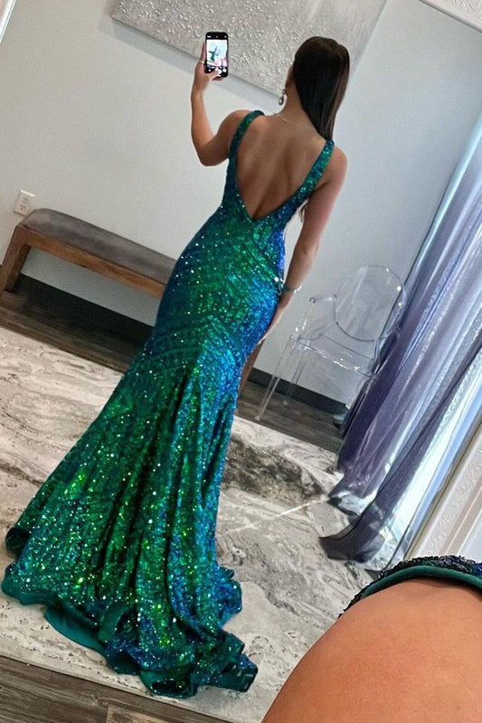 Green V Neck Sequins Mermaid Long Prom Dress, PD25705