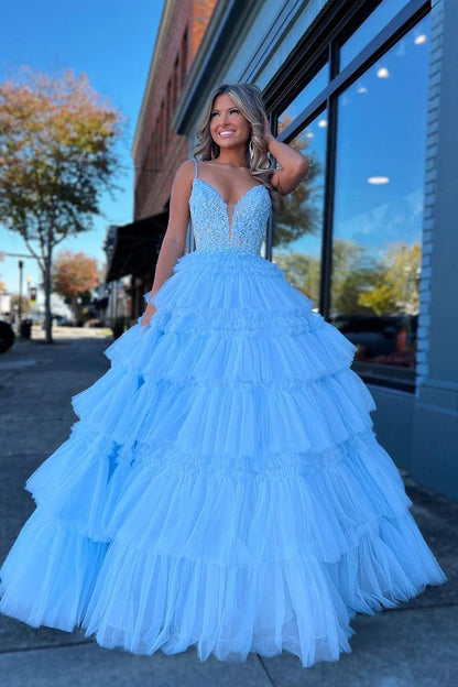 Light Blue Tulle Ruffle Tiered V Neck Long Prom Dresses with Appliques