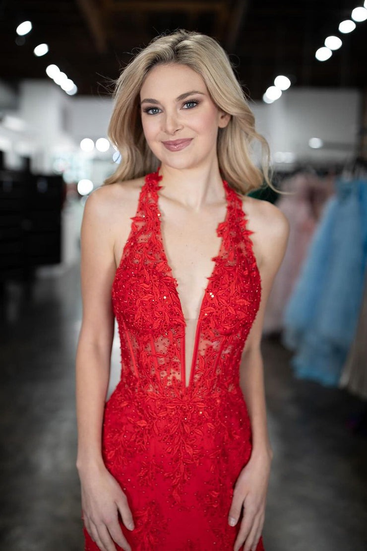 Red Lace Mermaid Halter Long Prom Dress with Slit