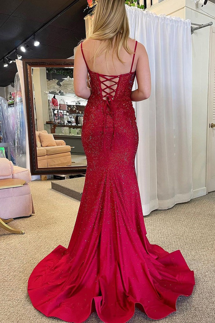 Burgundy Mermaid Scoop Neck Beaded Long Prom Dresses