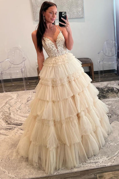 Champagne V Neck Tiered Tulle Long Prom Dress with Appliques, PD25487