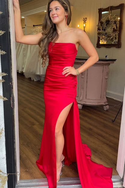 Red Mermaid Simple Strapless Satin Long Prom Dress with Slit, PD25638