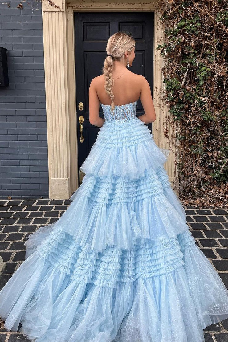 Light Blue Sweetheart Tulle Tiered Long Prom Dresses with Appliques, PD25607