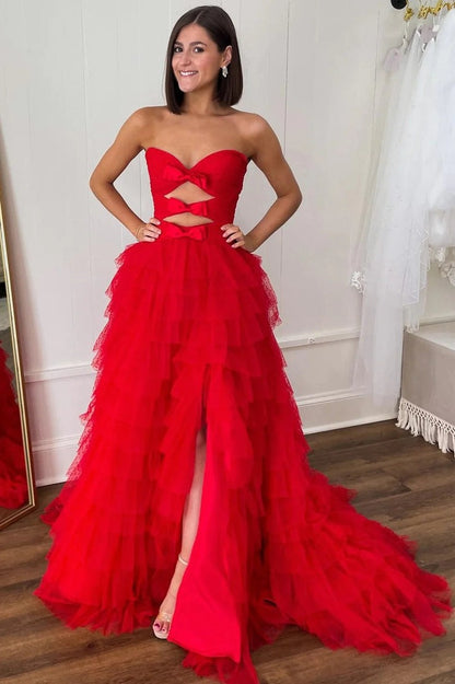 Red A - Line Sweetheart Ruffle Tulle Long Prom Dresses, PD25547