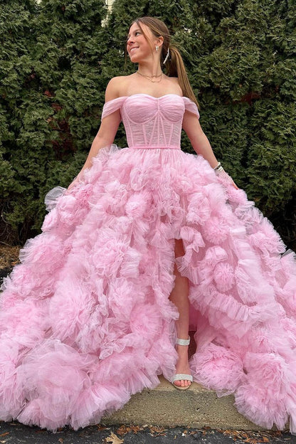 Pink Tulle Ruffle Tiered Off the Shoulder Long Prom Dress, PD25437