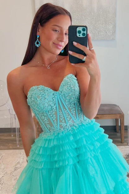 Aqua Blue A-Line Tulle Appliques Ruffle Long Prom Dress, PD25645