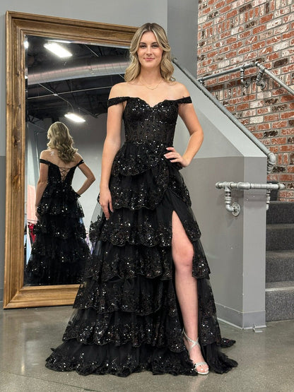 Black Tulle Off the Shoulder Ruffle Tiered Long Prom Dresses