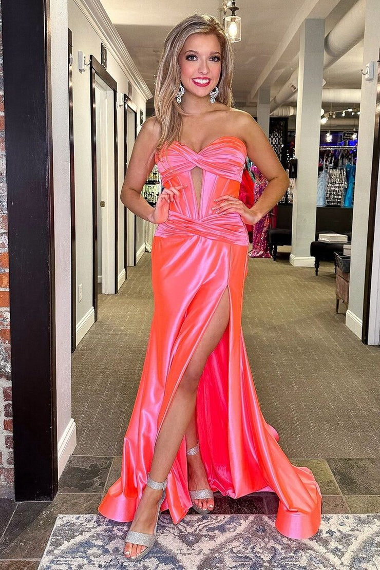 Pink Sweetheart Satin Mermaid Long Prom Dresses with Slit