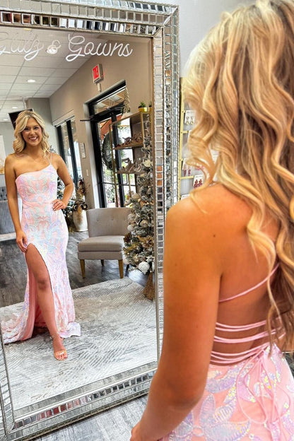 Pink One Shoulder Long Sequin Lace Mermaid Prom Dress with Slit, PD25737