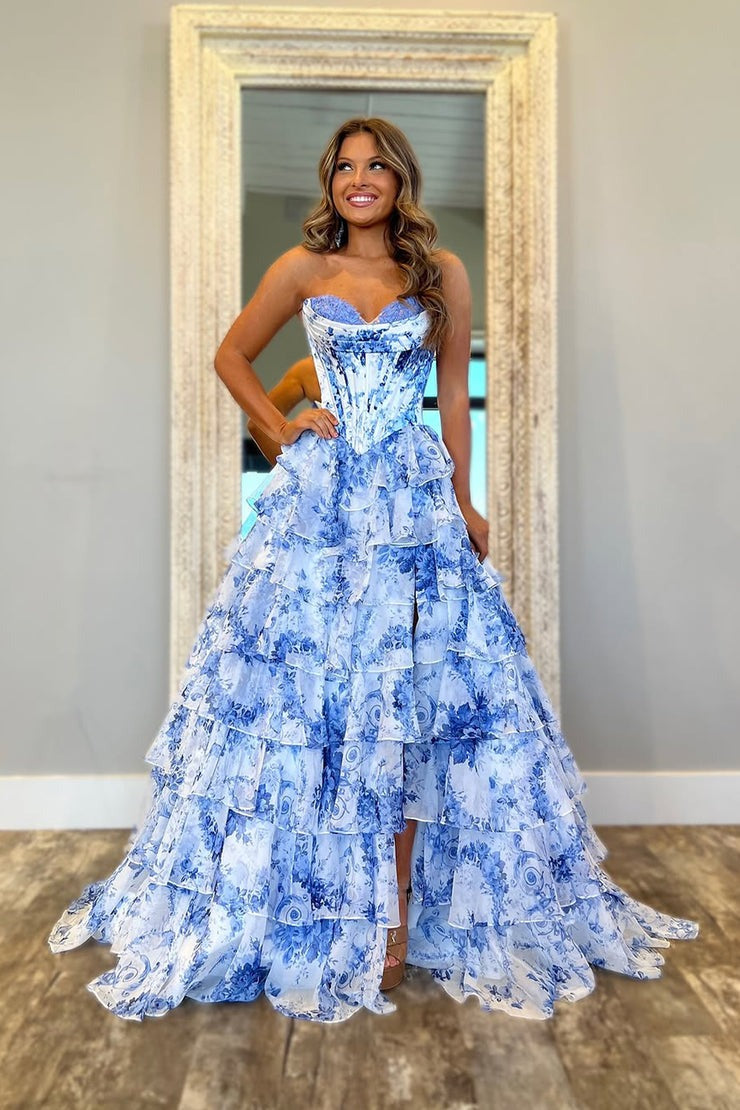 Cute A Line Sweetheart Blue White Floral Printed Chiffon Tiered Prom Dress with Slit