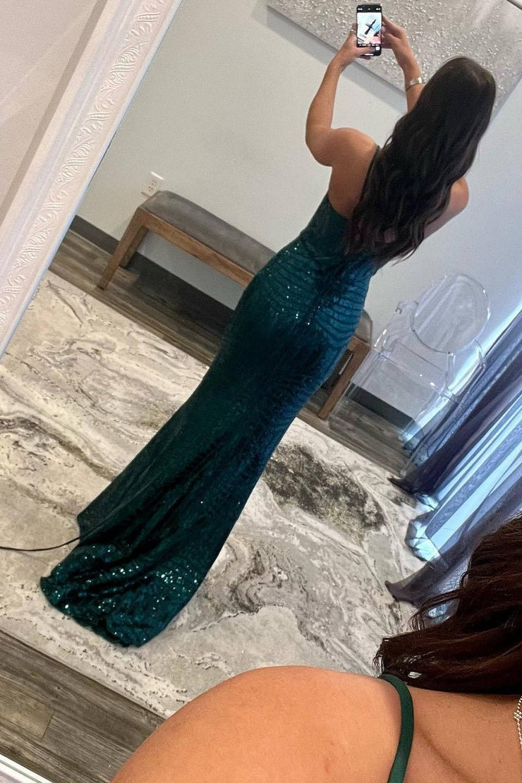 Dark Green Sequin Mermaid Straps Long Prom Dress, PD25666