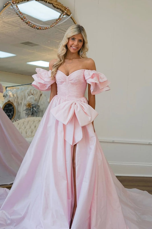 Pink Satin Sweet Ball Gown Off the Shoulder Prom Dress with Bow