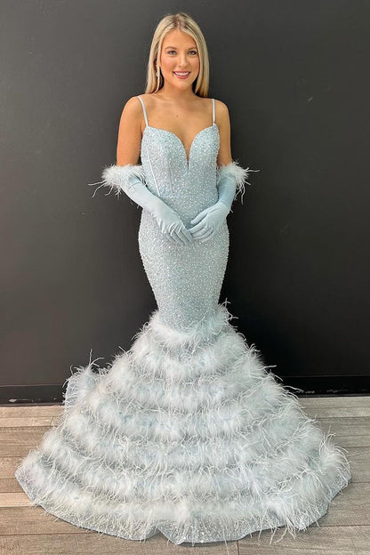 Light Blue Sequins Mermaid V Neck Long Prom Dress with Feather