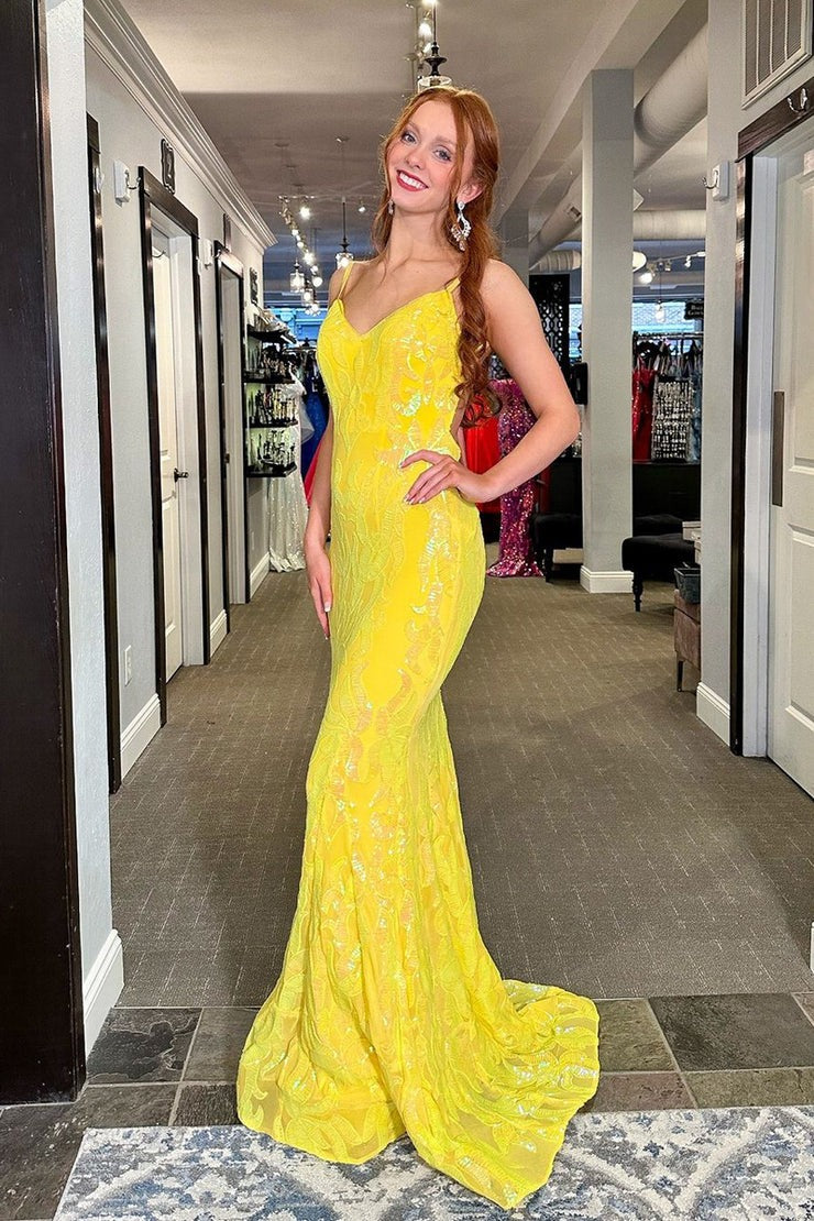 Yellow Sequins Lace Cute V Neck Mermaid Long Prom Dress