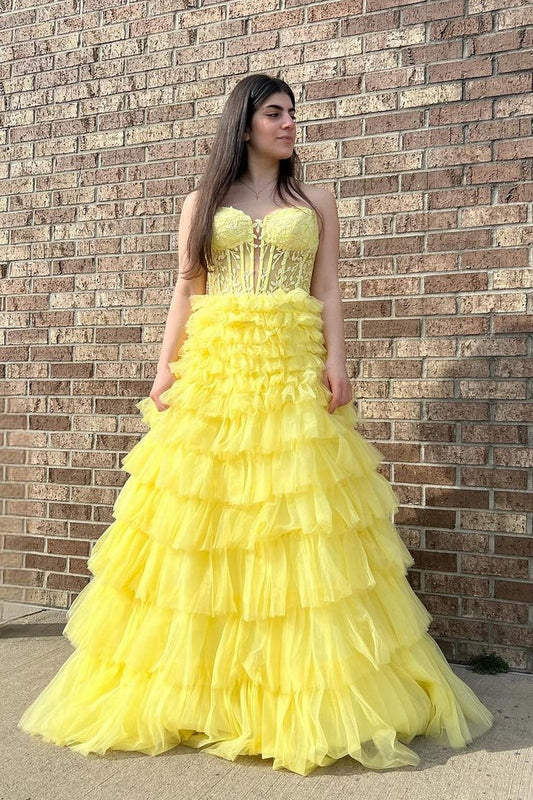 Yellow Tulle Tiered Sweetheart Long Prom Dress with Appliques