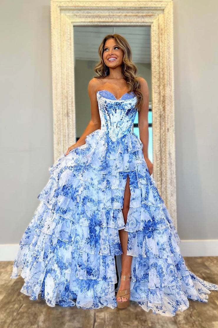 Cute A Line Sweetheart Blue White Floral Printed Chiffon Tiered Prom Dress with Slit