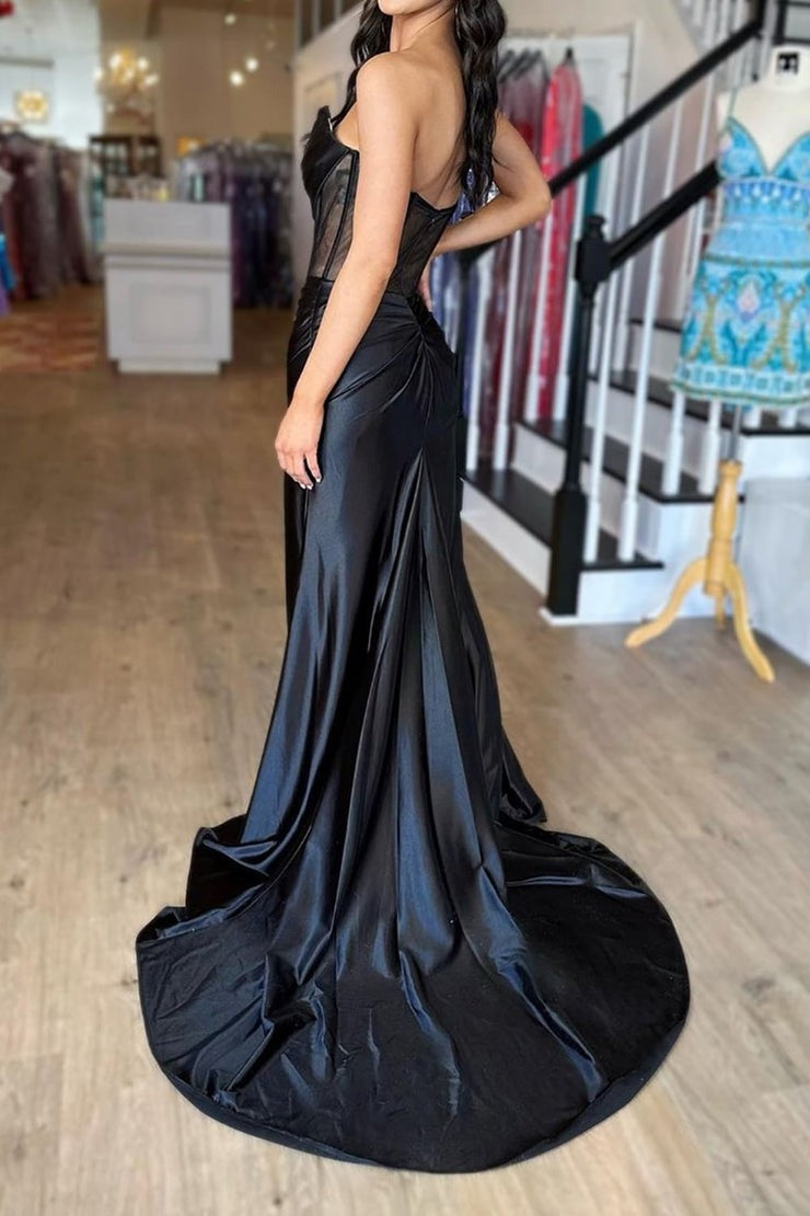 Black Strapless Stylish Mermaid Corset Prom Dress with Split Front, PD25674