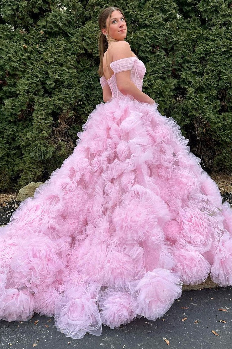 Pink Tulle Ruffle Tiered Off the Shoulder Long Prom Dress