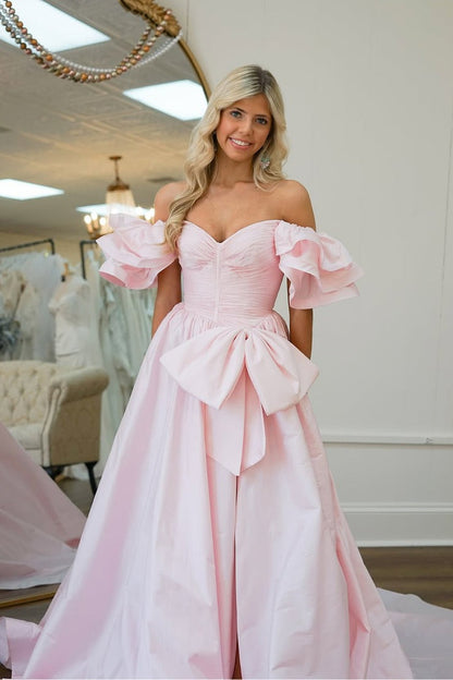 Pink Satin Sweet Ball Gown Off the Shoulder Prom Dress with Bow