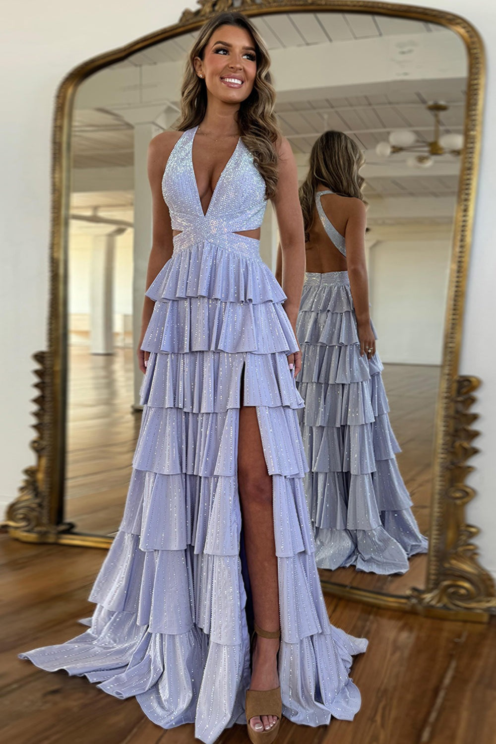 Yellow Halter A - Line Sparkly Ruffle Tiered Long Prom Dress with Slit, PD25805