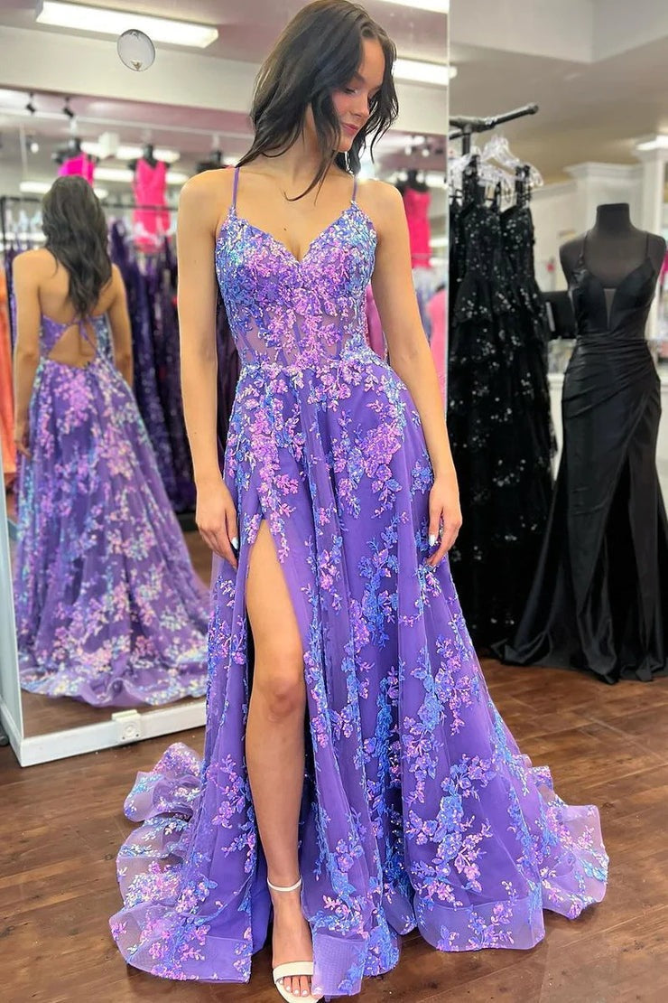 Purple Sequins Lace V Neck Long Prom Dresses with Slit