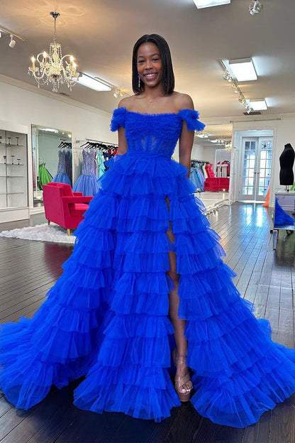 Off the Shoulder Royal Blue Tiered Tulle Long Prom Dress