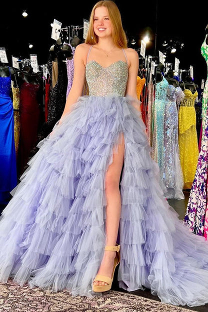 Lilac Tulle Sweetheart Ruffle Tiered Long Prom Dresses with Beads