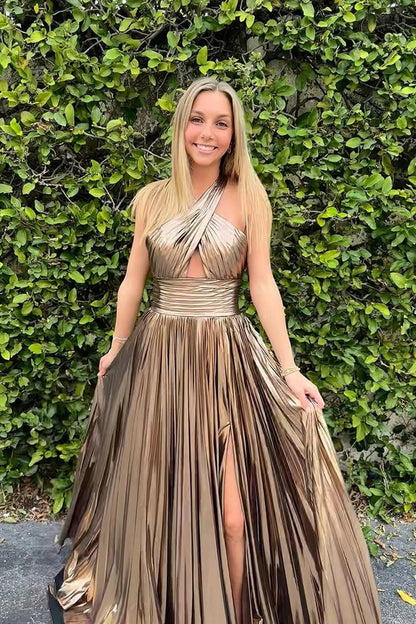 A Line Halter Neck Pleat Metallic Satin Prom Dress, PD25587