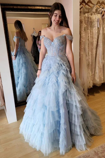 Light Blue Off the Shoulder A-Line Tiered Tulle Long Prom Dresses, PD25727