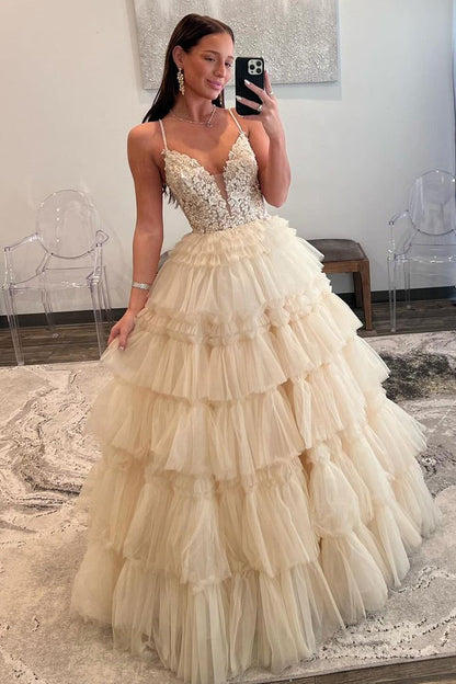 Champagne V Neck Tiered Tulle Long Prom Dress with Appliques