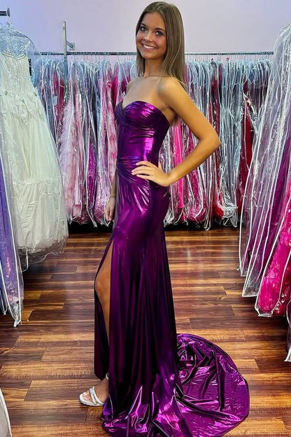 Purple Sweetheart Mermaid Metallic Satin Long Prom Dress with Slit, PD25778